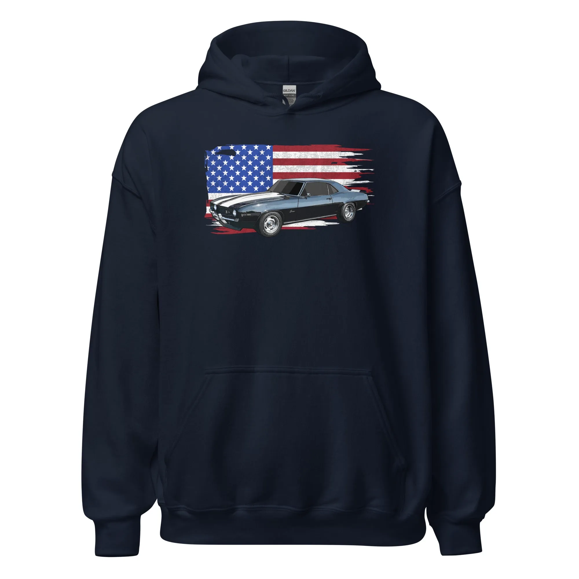 69 Camaro Hoodie With American Flag Background