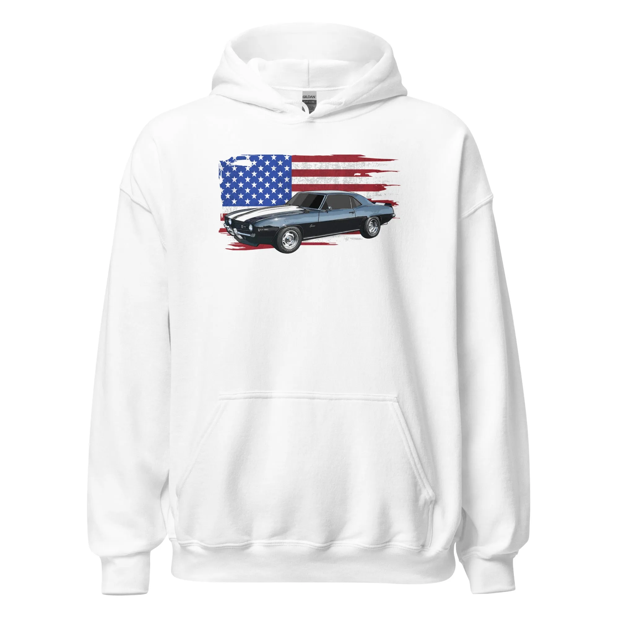 69 Camaro Hoodie With American Flag Background