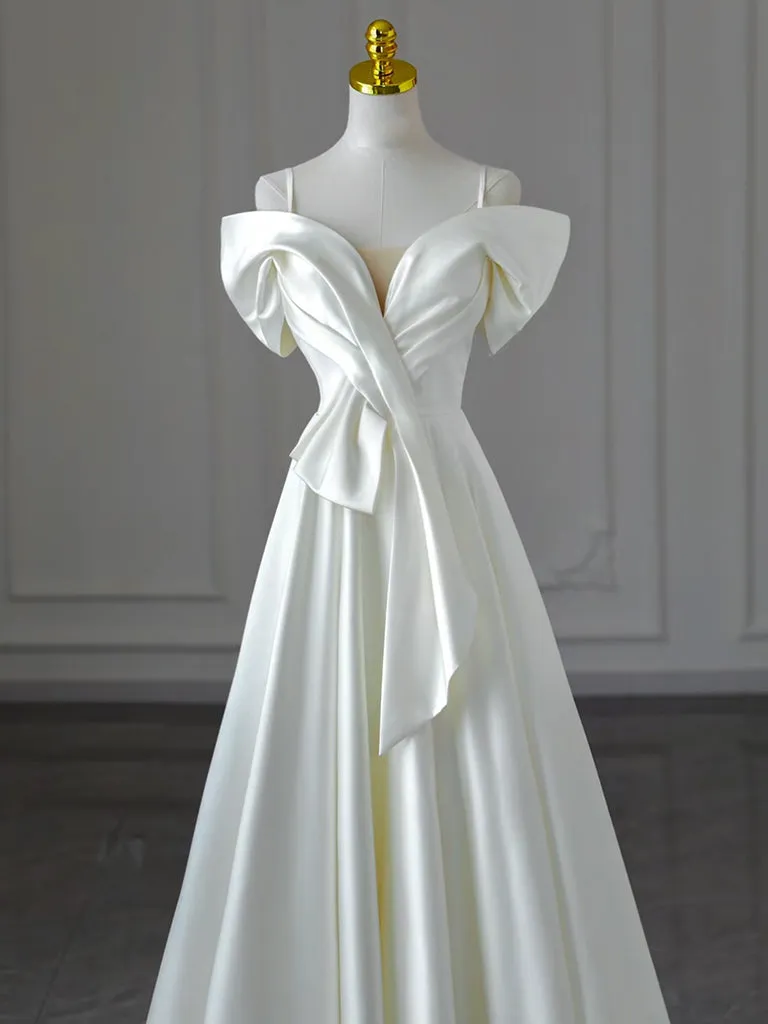 A-Line Off Shoulder Satin  White Long Prom Dress, White Long Formal Dress