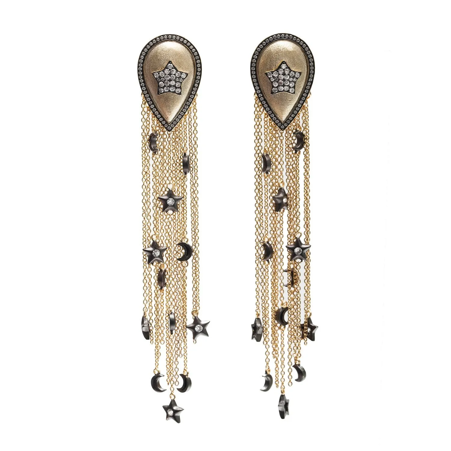 AMMANII Pavé Stars and Moons Drop Earrings with Tassels and Charms in Vermeil Gold