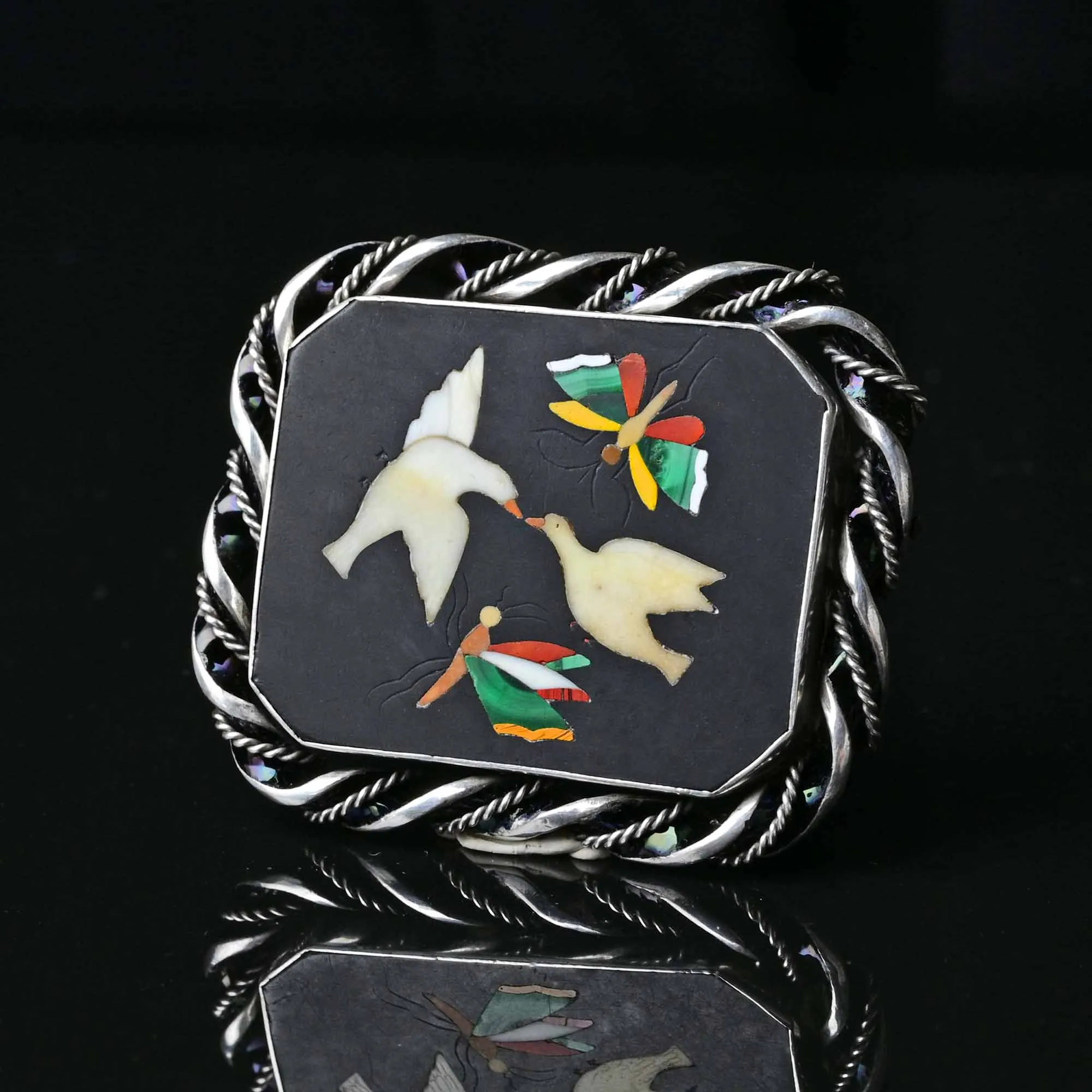 Antique Pietra Dura Brooch Doves and Butterfly