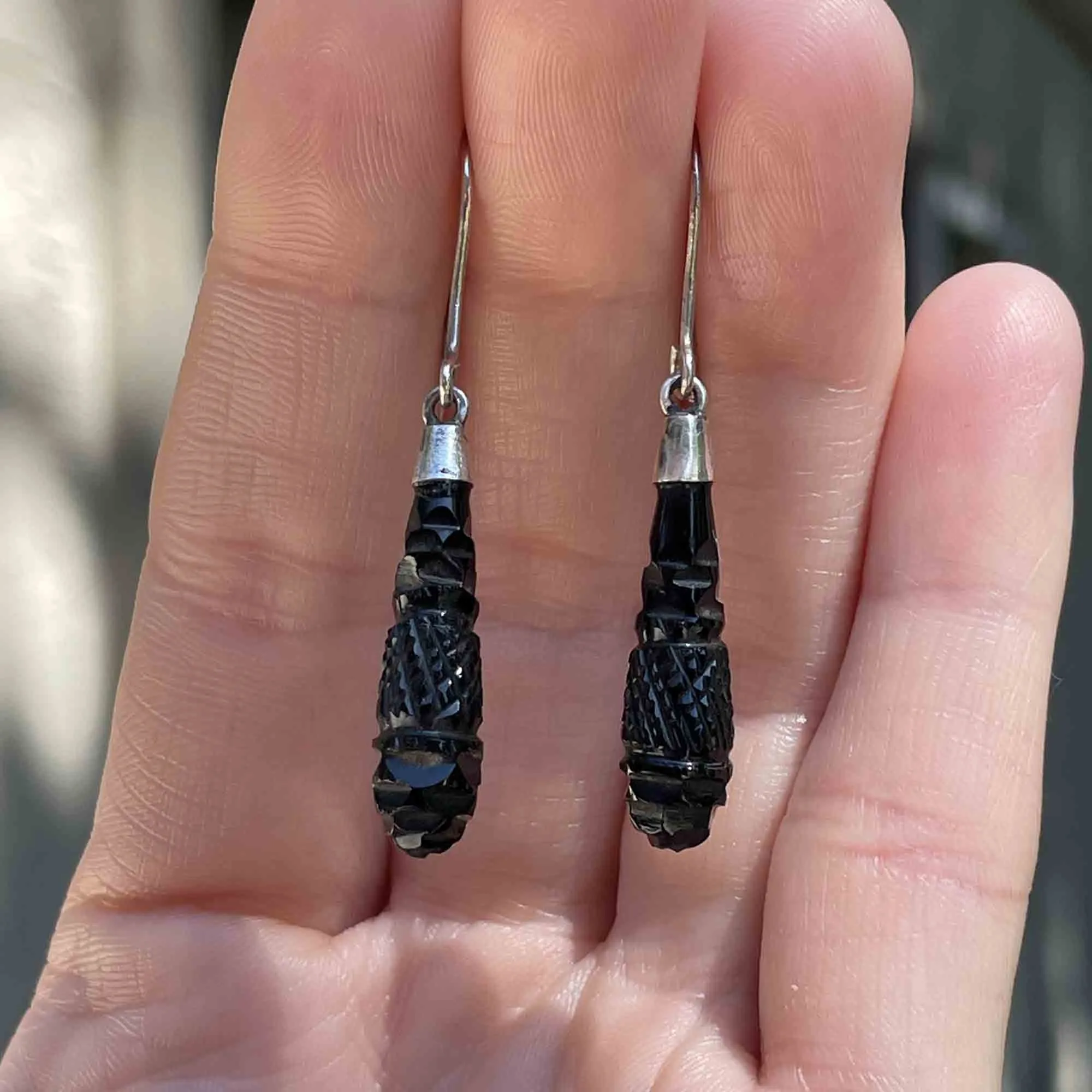 Antique Silver Carved Whitby Jet Dangle Earrings