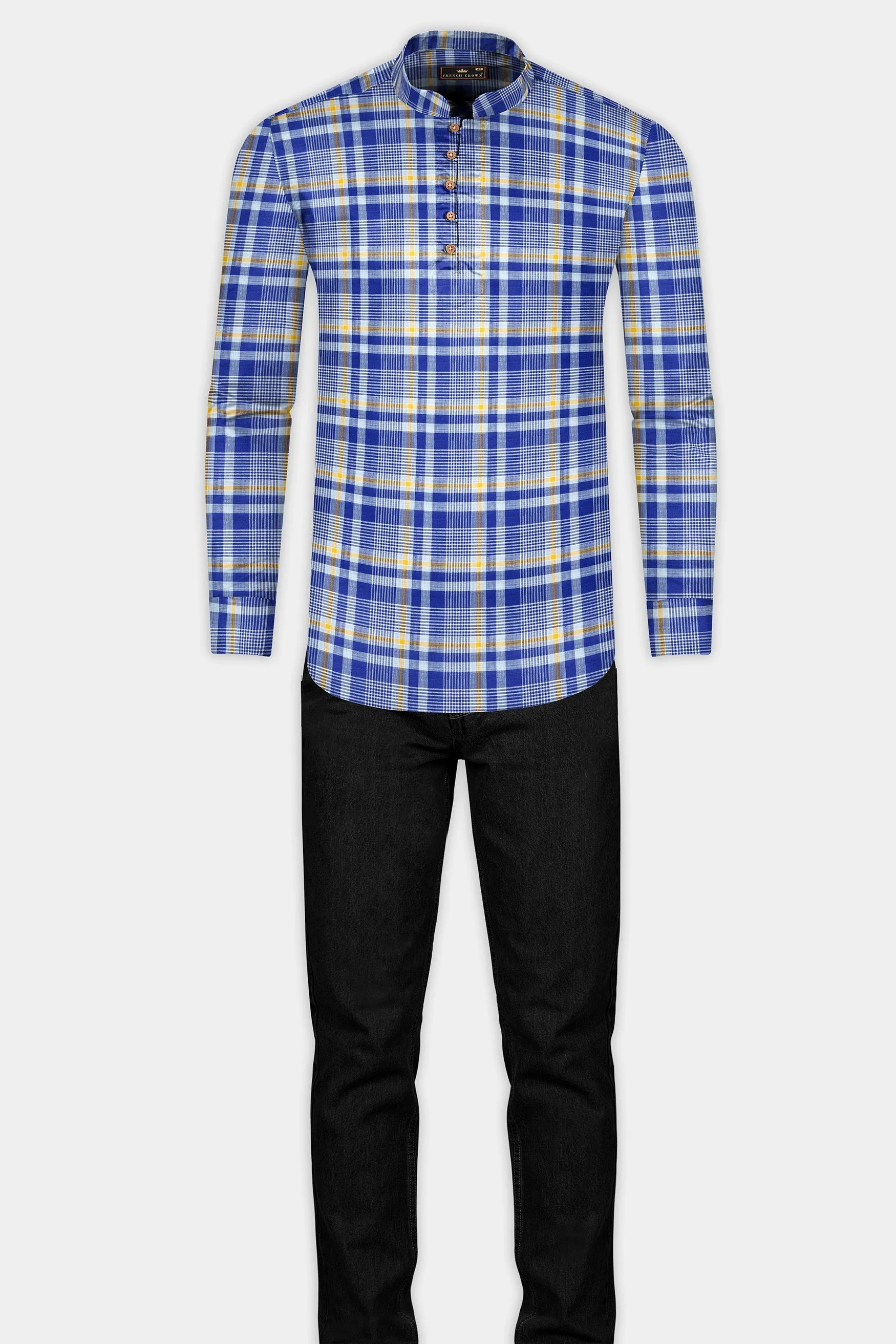 Astronaut Blue Multicolour Plaid Chambray Premium Cotton Kurta Shirt