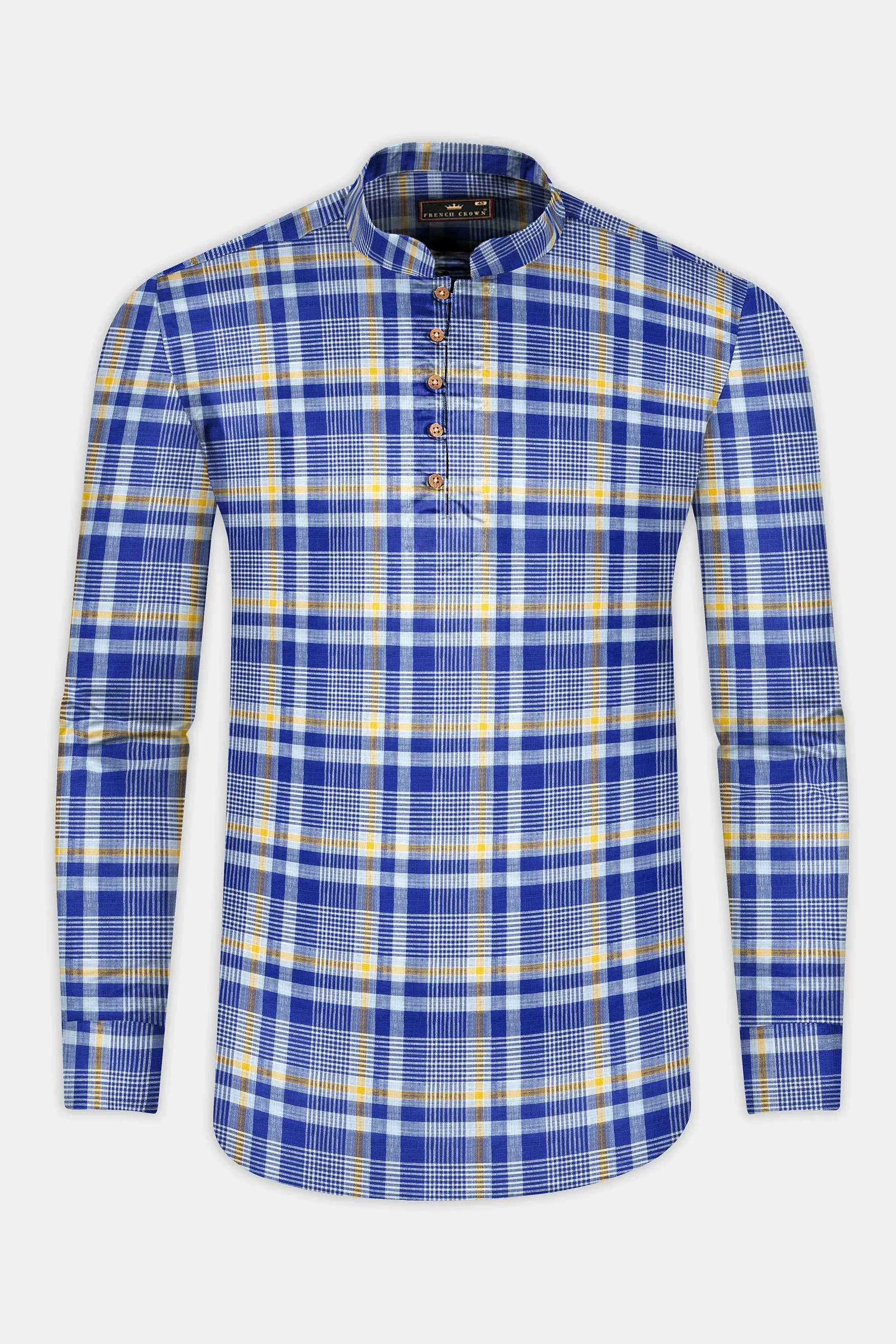 Astronaut Blue Multicolour Plaid Chambray Premium Cotton Kurta Shirt