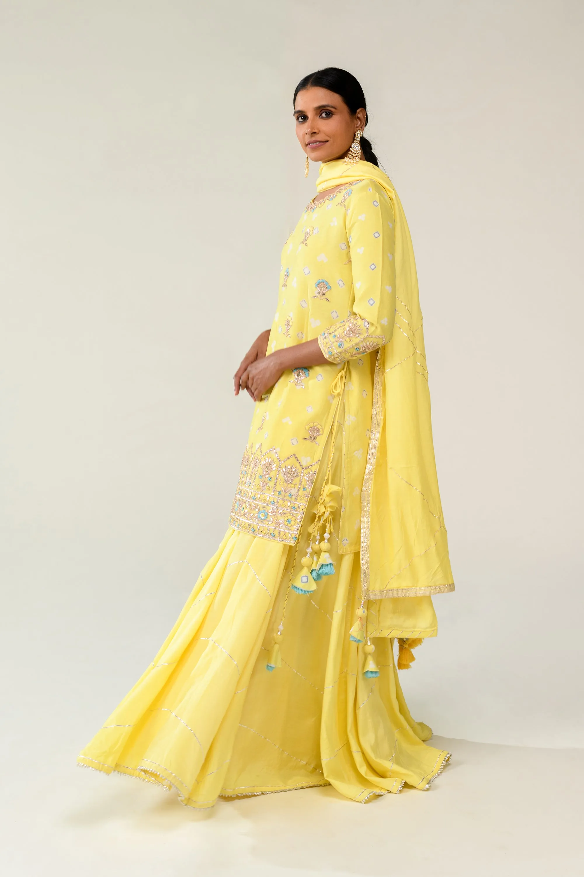 Bandhej Gota Patti Cotton Silk Suit with Gota Border.