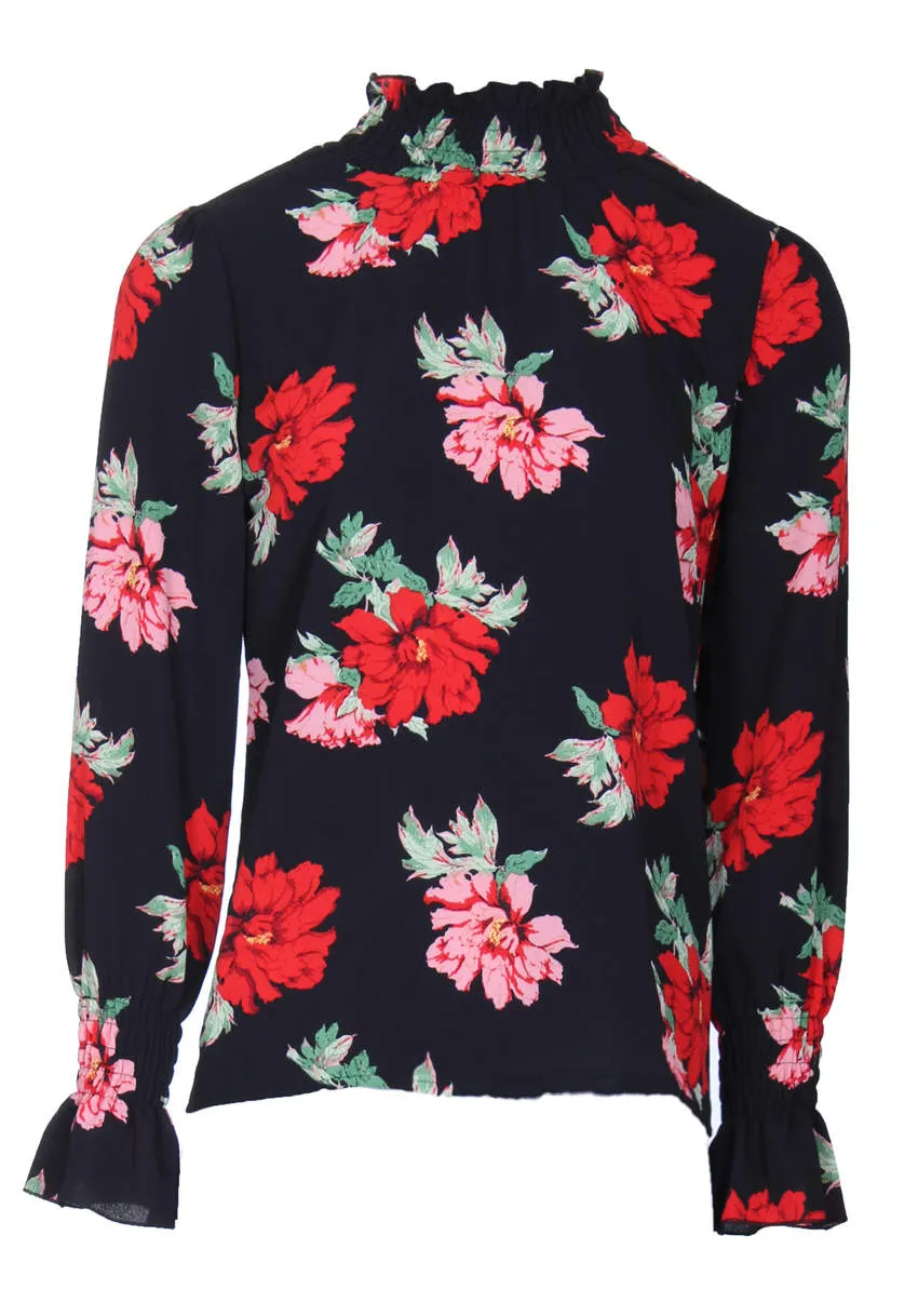 Black Floral Frill High Neck Top