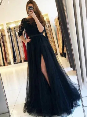 Black round neck tulle lace long prom dress, black evening dress