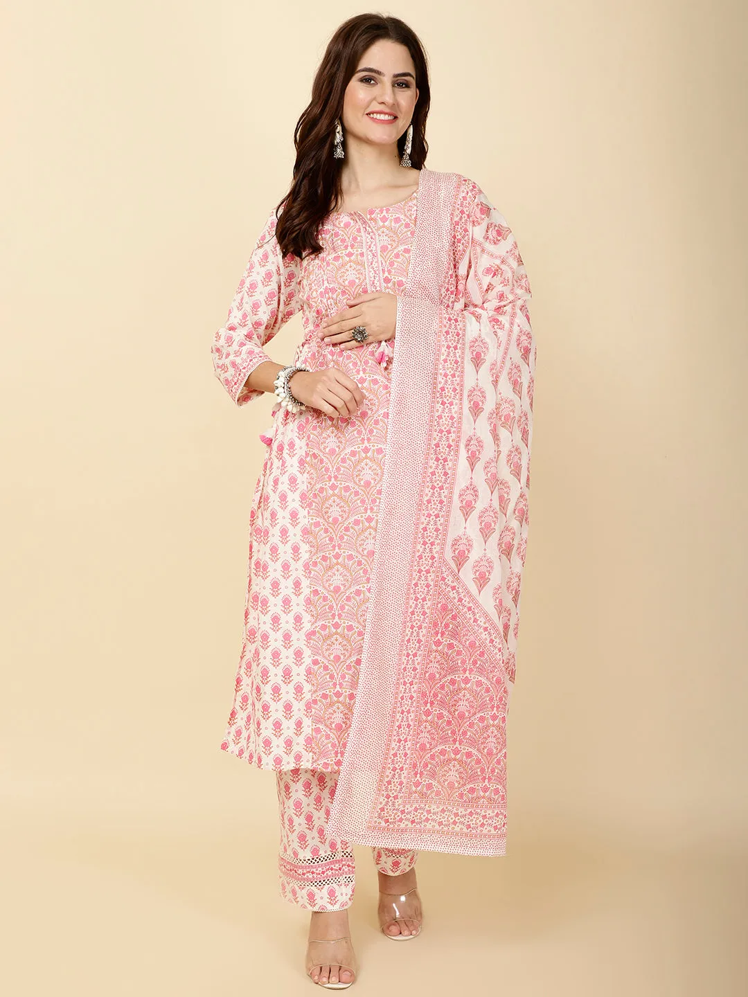 Block Print Cotton Suit Set With Dupatta