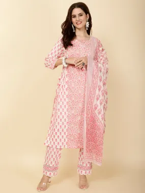 Block Print Cotton Suit Set With Dupatta