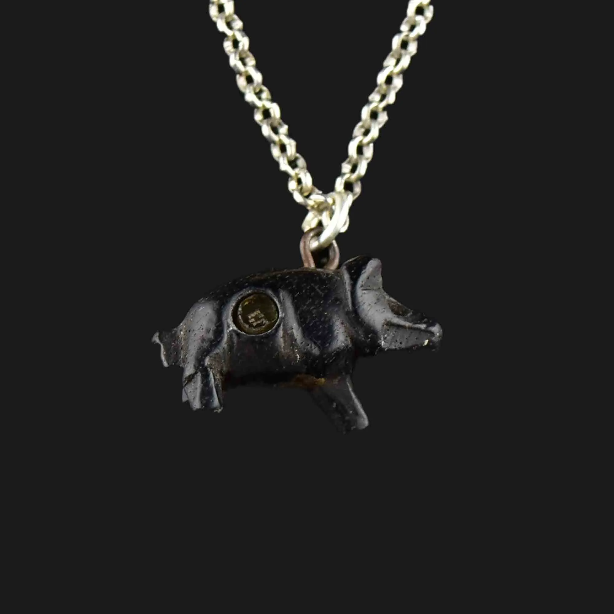 Carved Irish Bog Oak Stanhope Pig Pendant Necklace