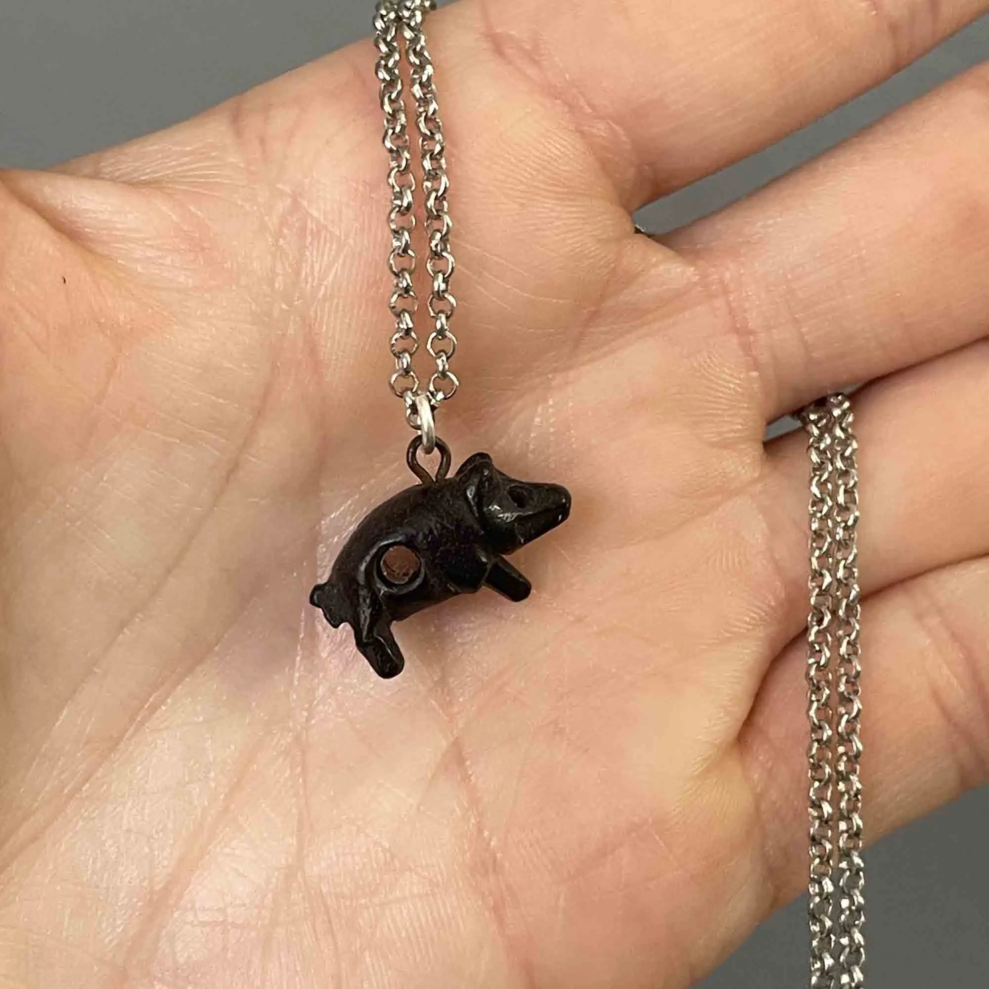 Carved Irish Bog Oak Stanhope Pig Pendant Necklace