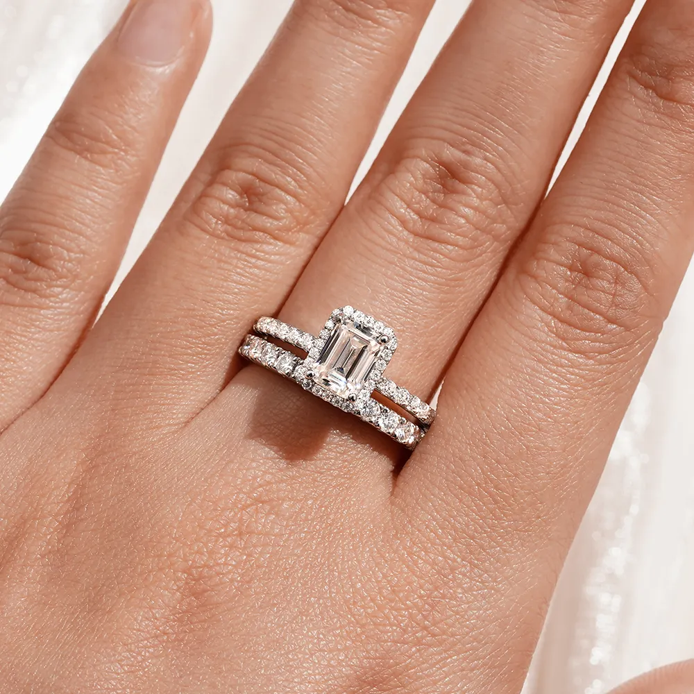 Emerald Cut Moissanite Bridal Set in Sterling Silver