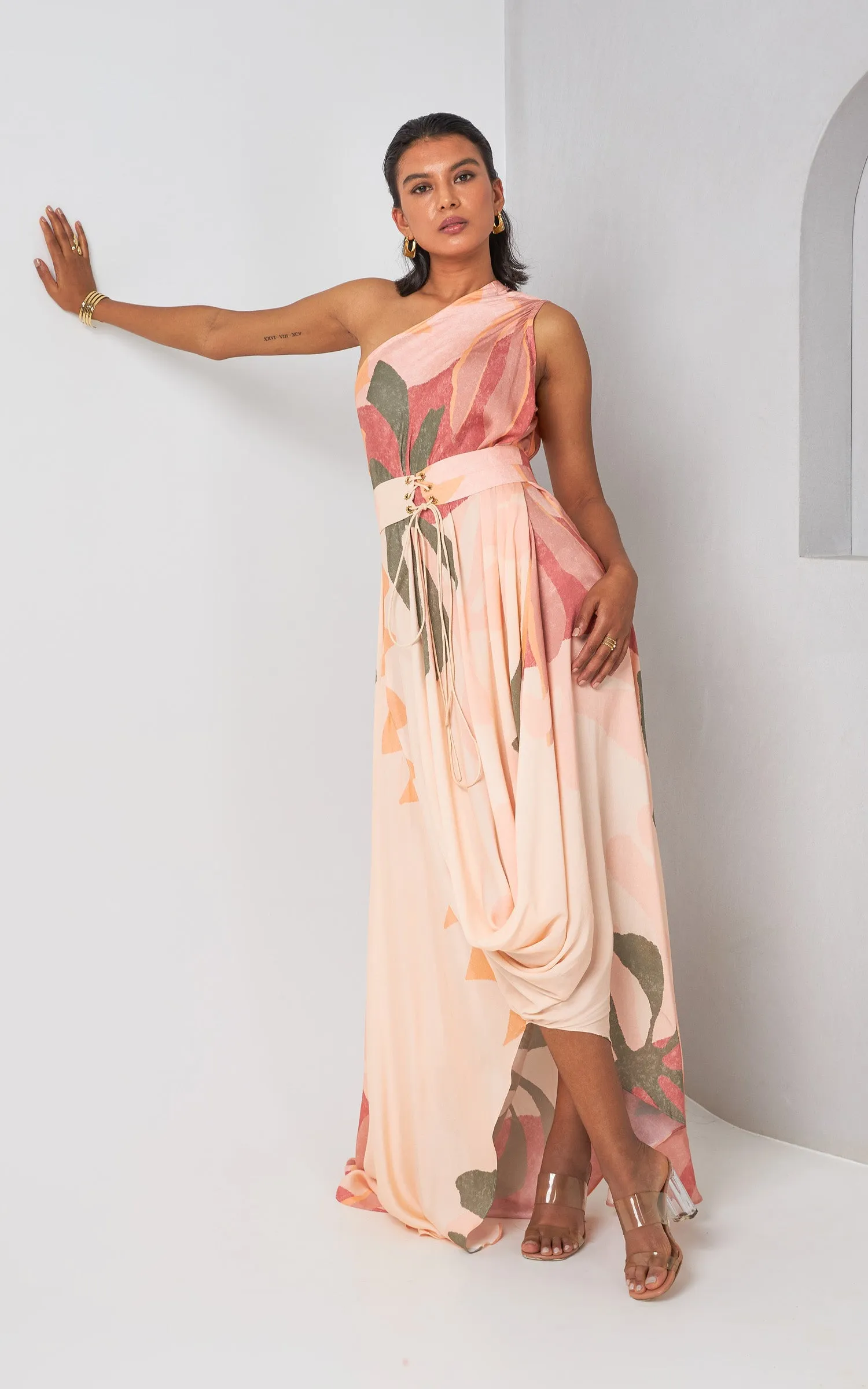 Floral Abstract Printed Asymmetric One Shoulder Drape