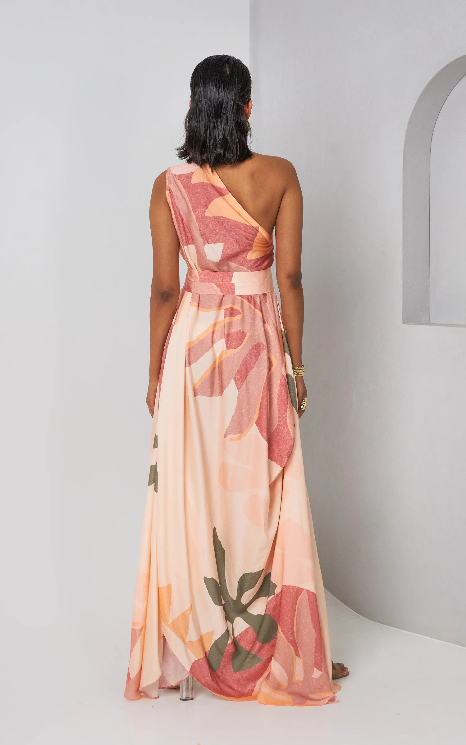 Floral Abstract Printed Asymmetric One Shoulder Drape