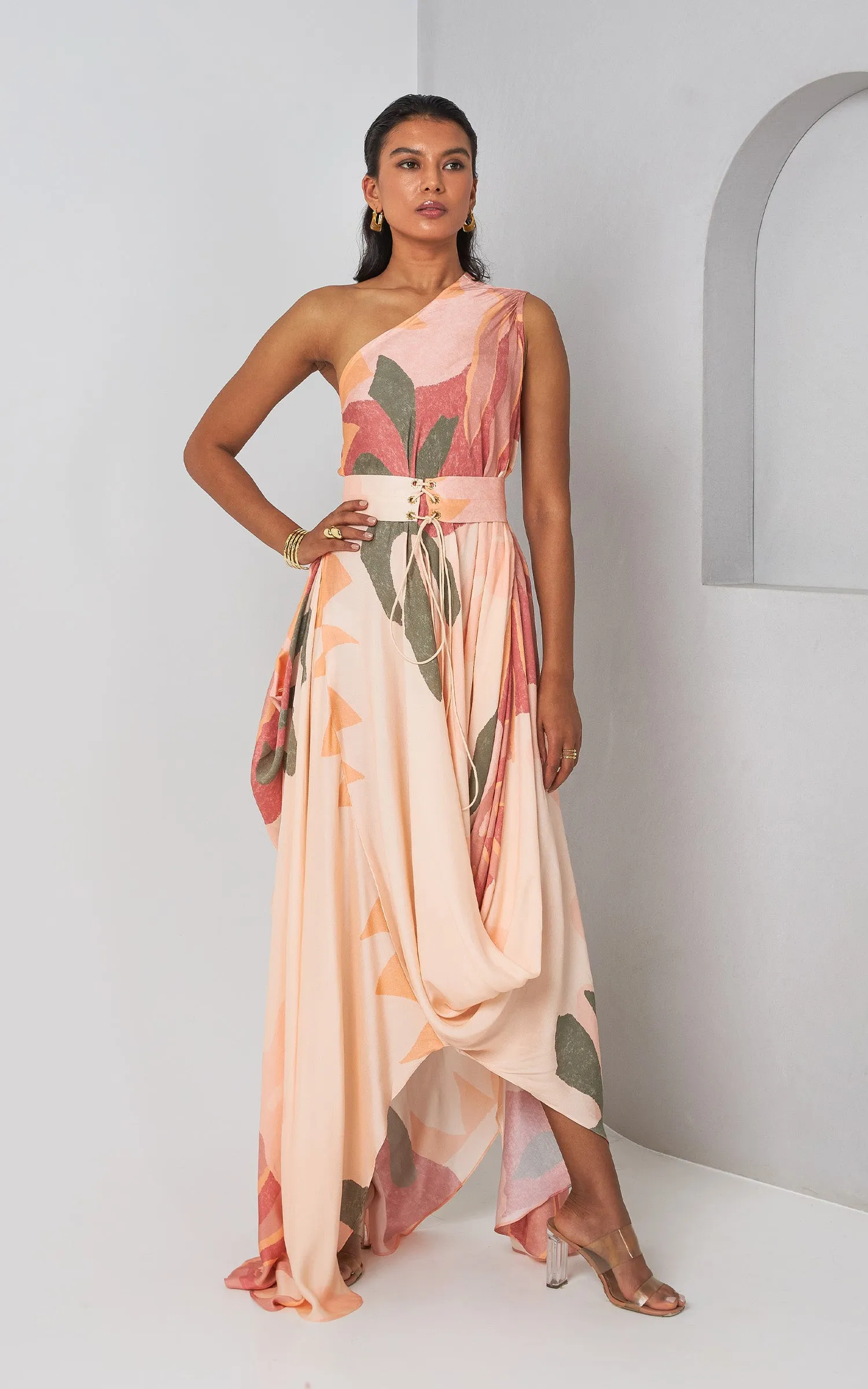 Floral Abstract Printed Asymmetric One Shoulder Drape