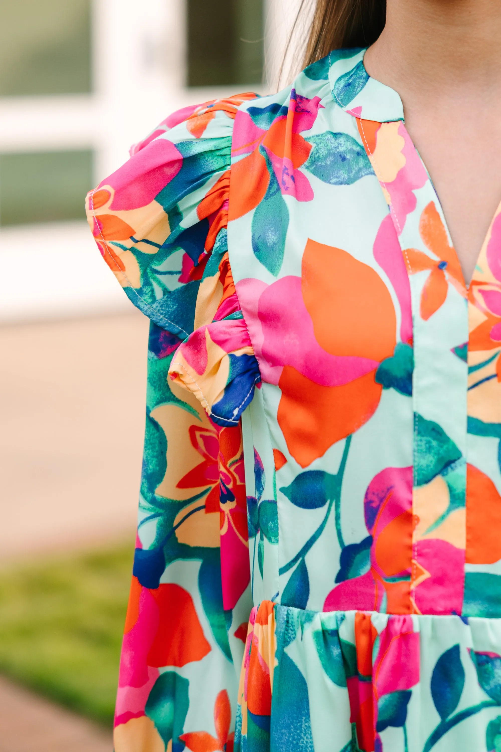 Girls: At This Time Mint Green Floral L/S Babydoll Dress