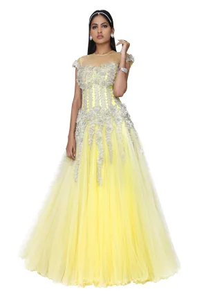 Lemon yellow lacey gown.