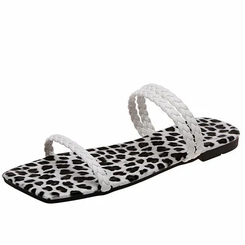 Leopard Flats Slippers Square Toe Women Sandals