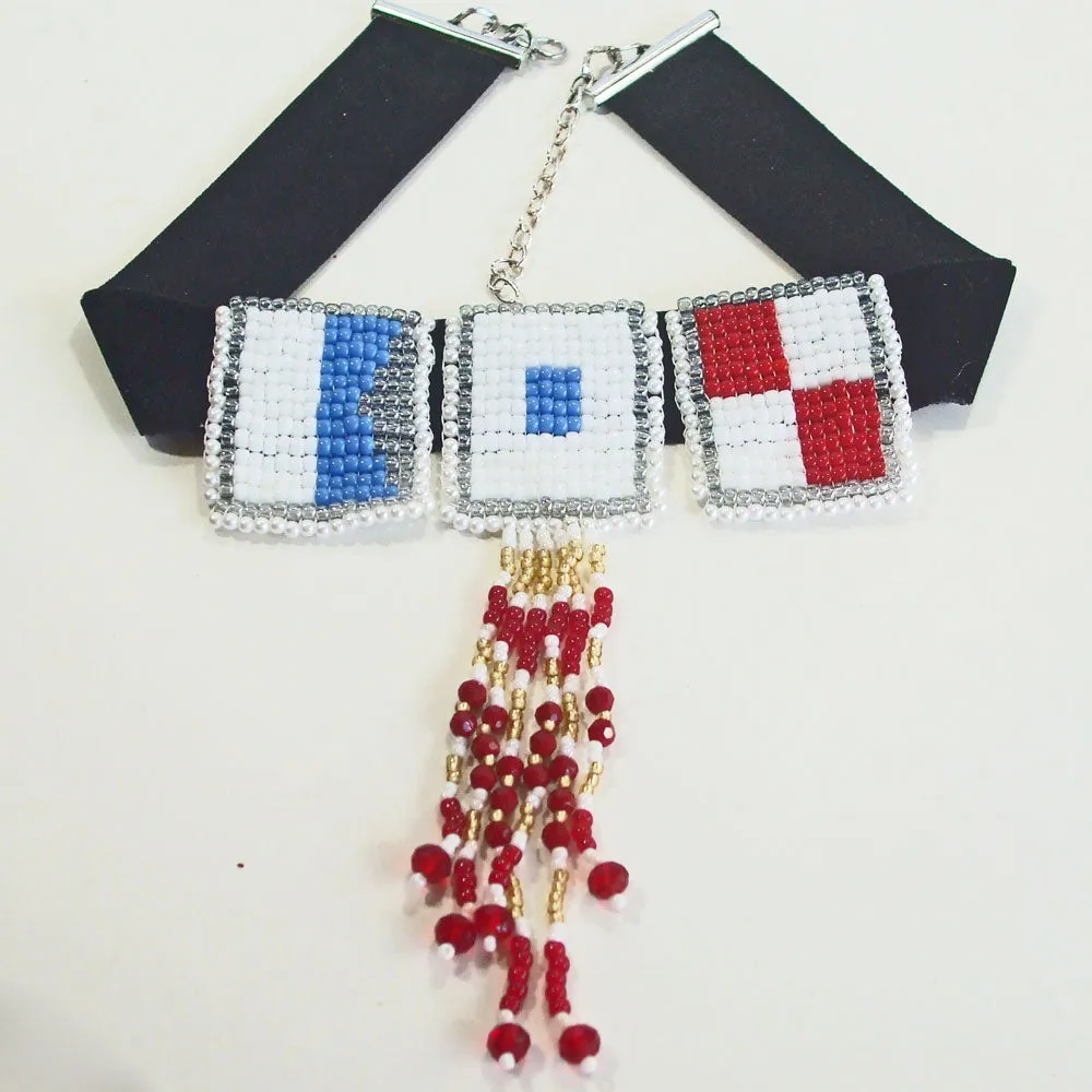 Nanci, ASU- Beaded Navy Letters, Fringe Necklace