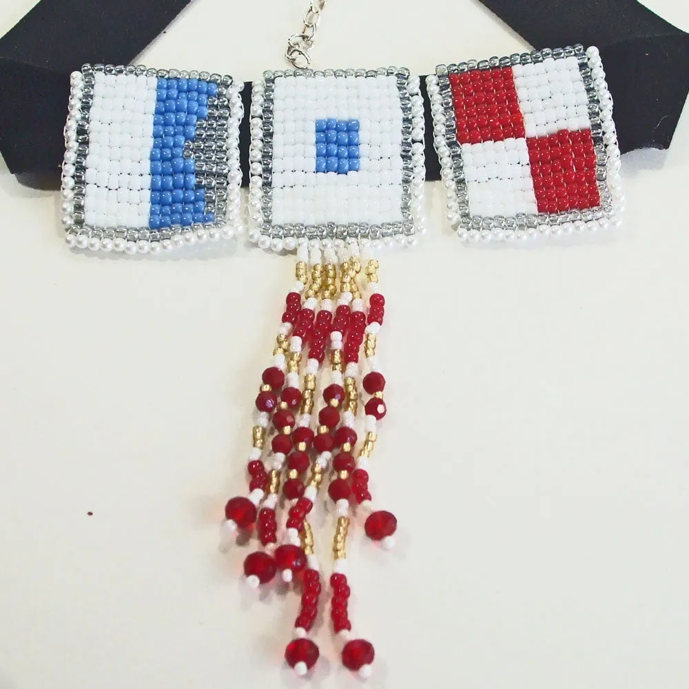 Nanci, ASU- Beaded Navy Letters, Fringe Necklace