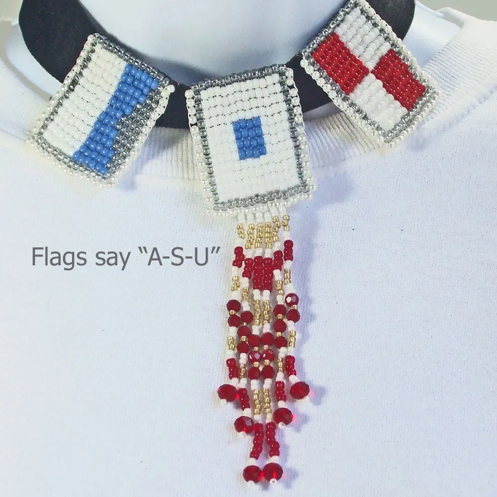 Nanci, ASU- Beaded Navy Letters, Fringe Necklace