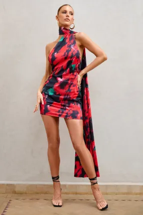 Nasira | Black Floral Asymmetric Neck Open Back Mini Dress With Scarf Detail