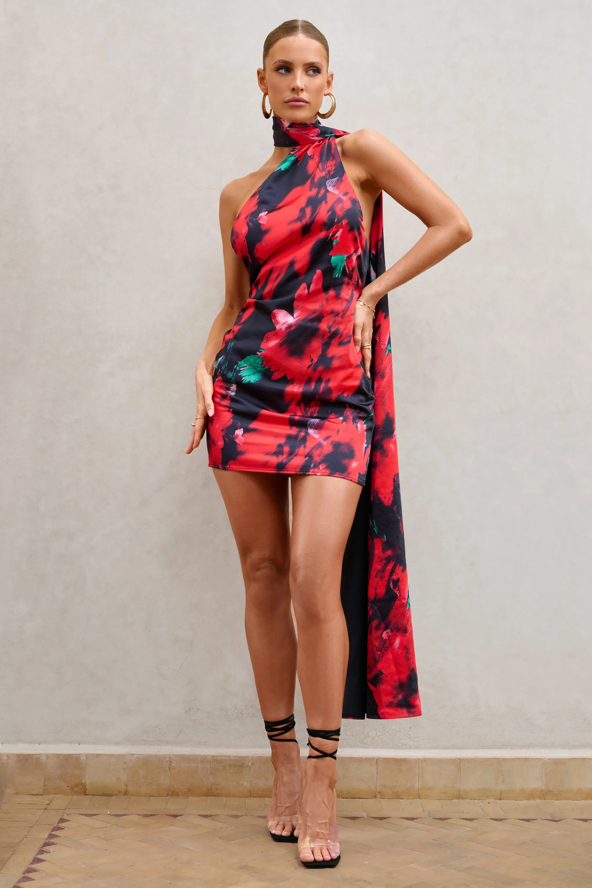 Nasira | Black Floral Asymmetric Neck Open Back Mini Dress With Scarf Detail