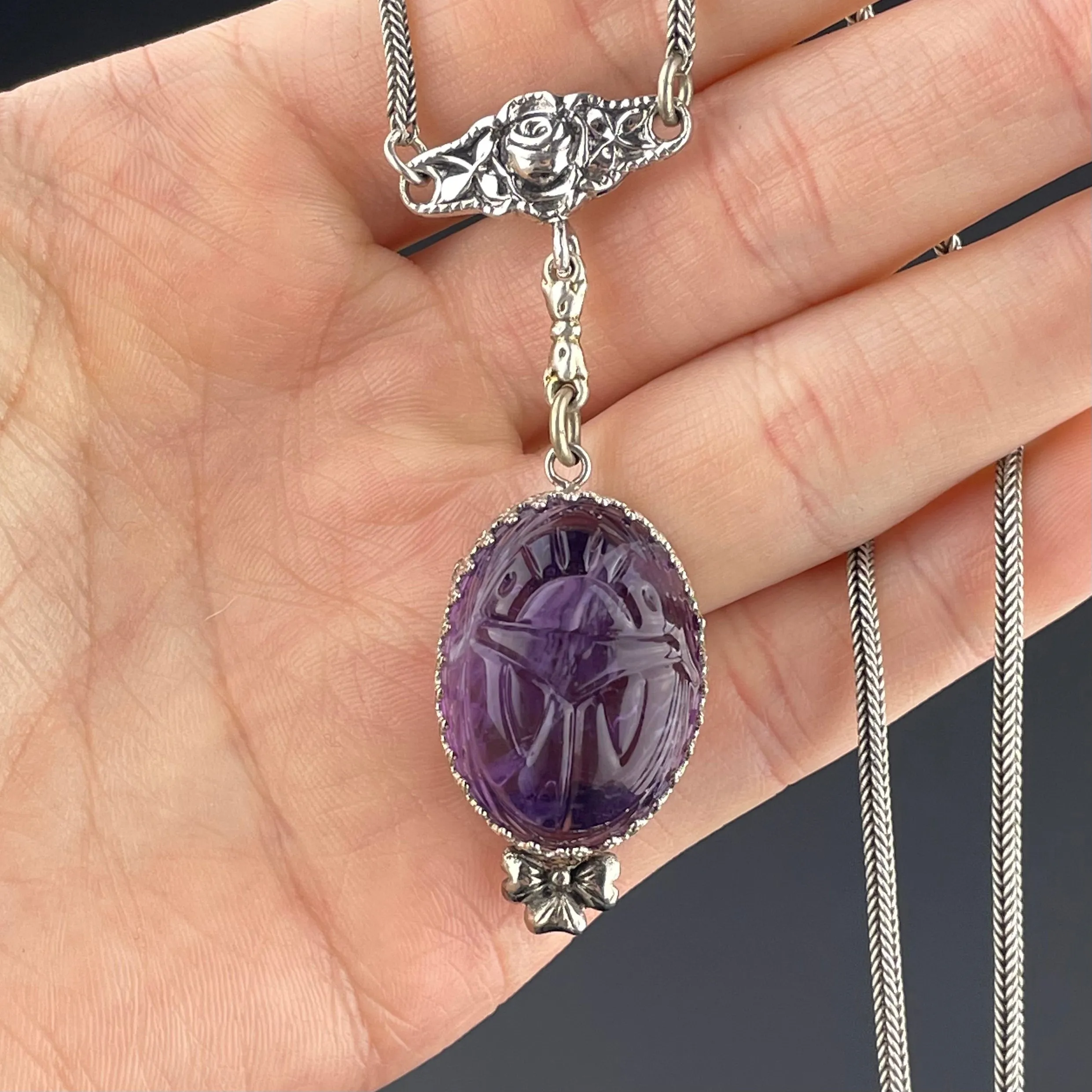 Silver Carved Scarab Amethyst Pendant Necklace