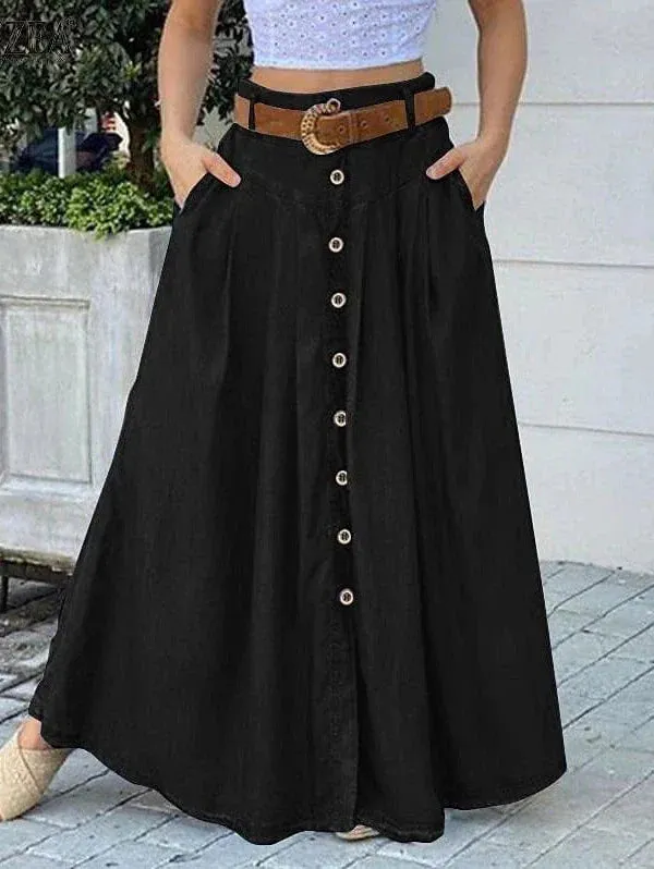 Stylish Women's Cotton Blend Maxi Swing Skirt with Pockets