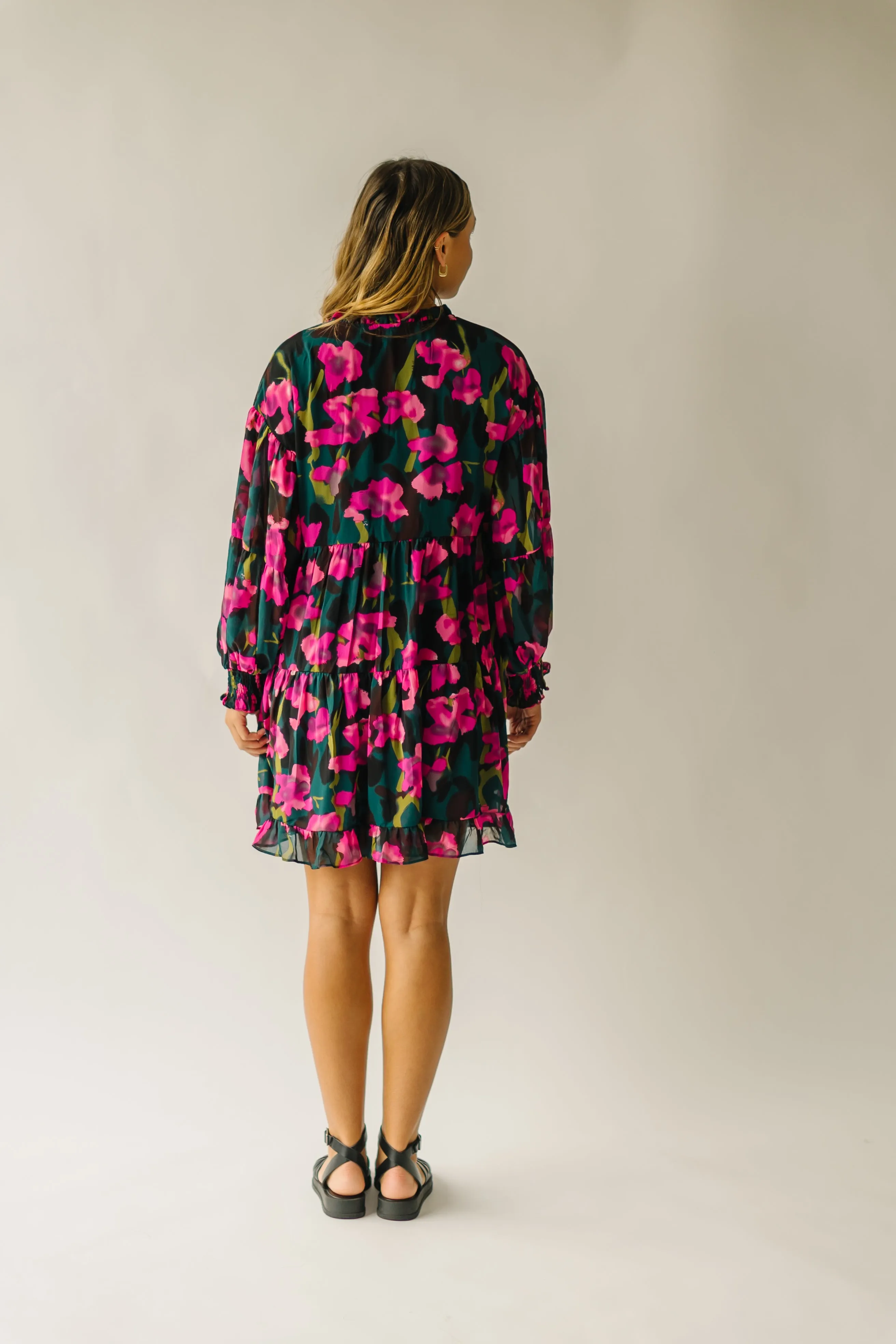 The Avina Chiffon Floral Detail Dress in Hot Pink