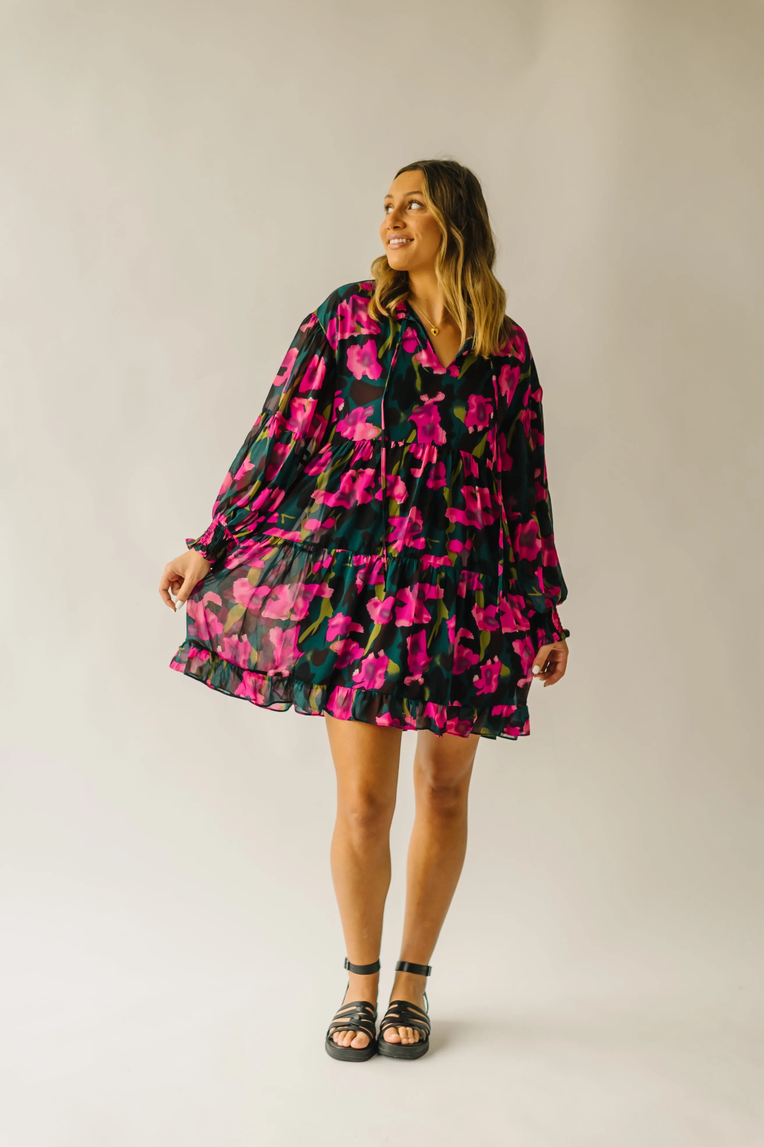 The Avina Chiffon Floral Detail Dress in Hot Pink