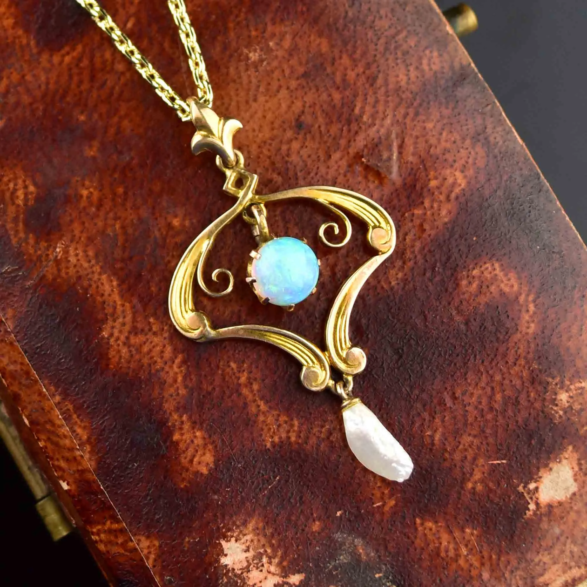 Vintage 10K Gold Pearl Articulated Opal Lavaliere Necklace