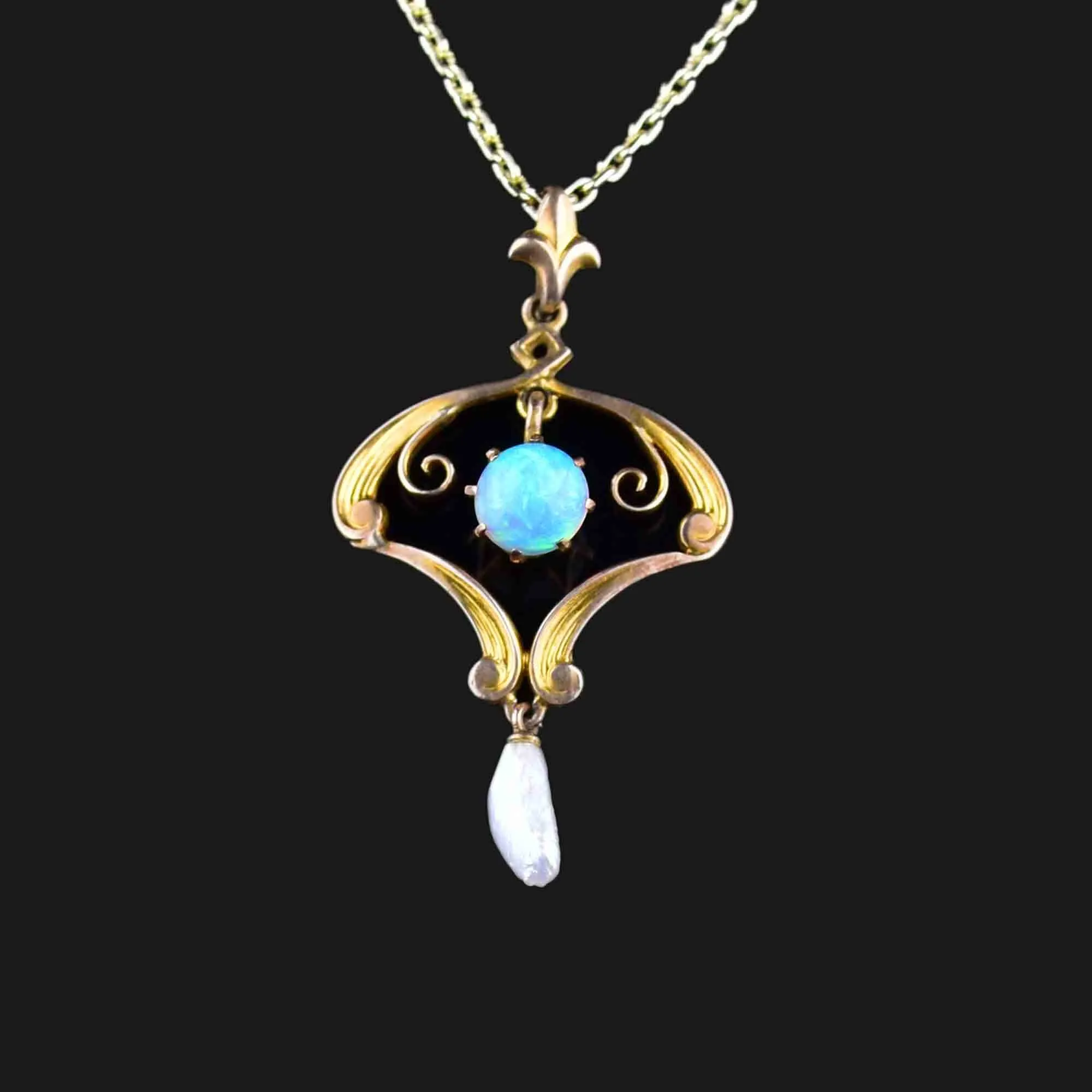 Vintage 10K Gold Pearl Articulated Opal Lavaliere Necklace