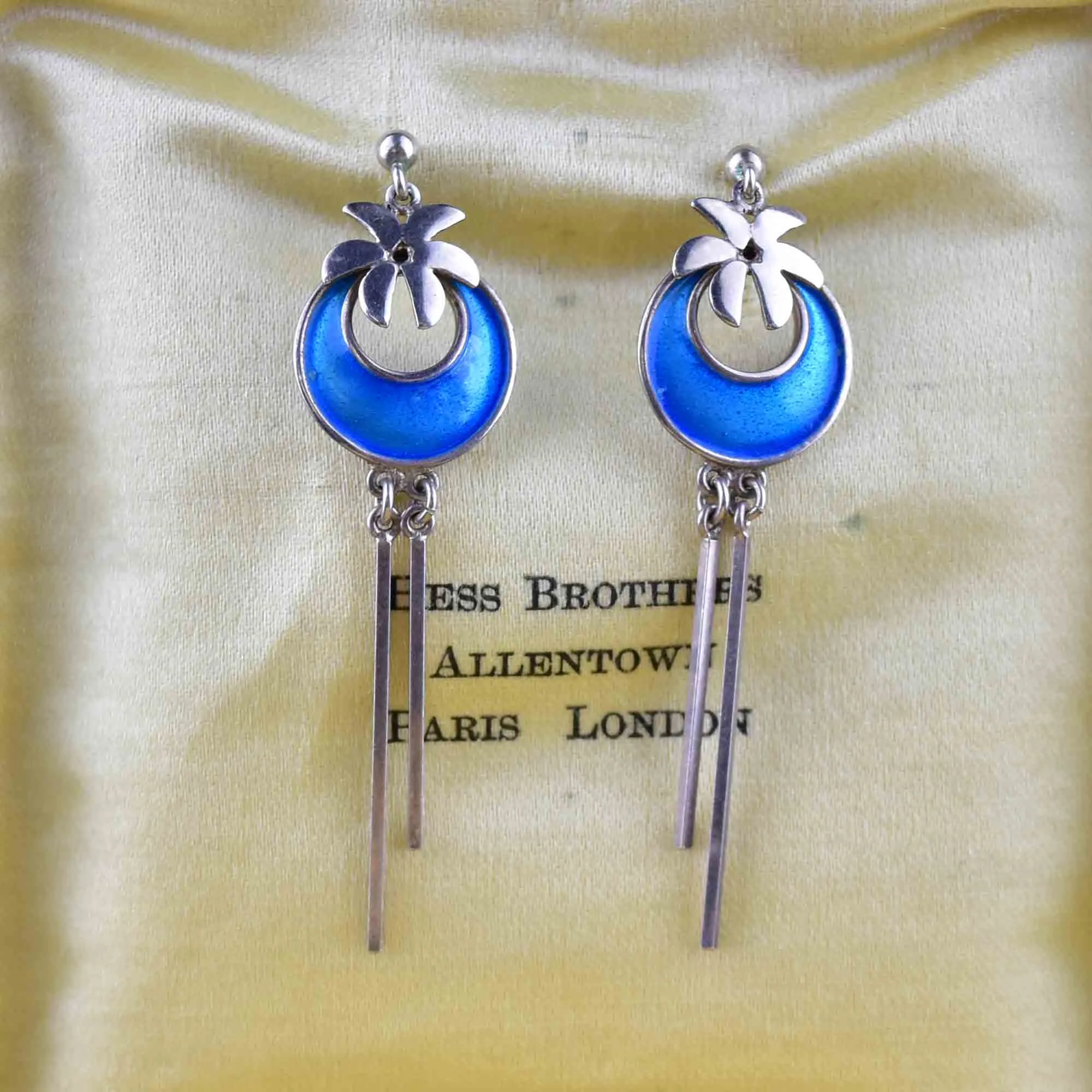 Vintage Blue Guilloche Enamel Silver Palm Chandelier Earrings