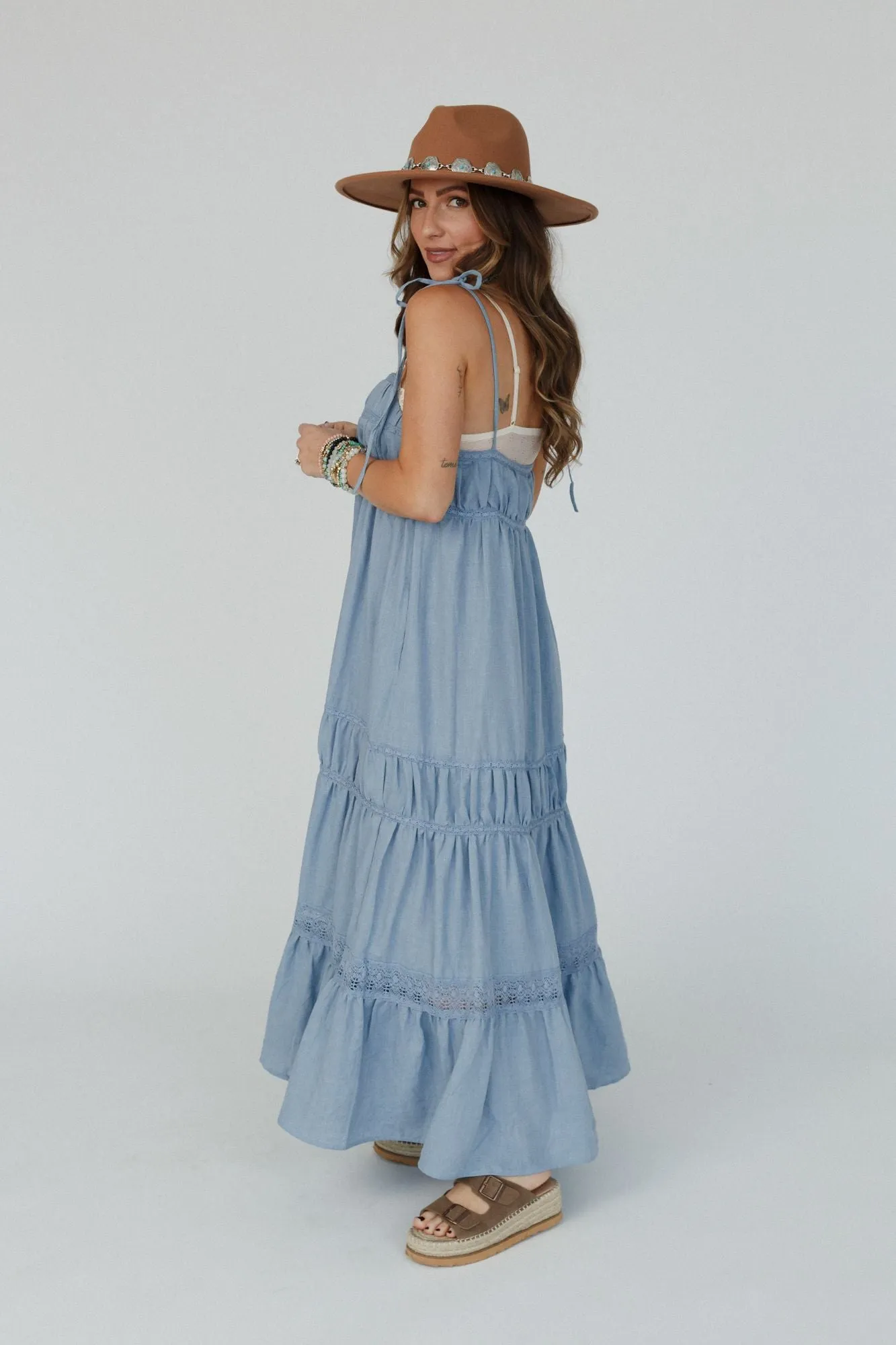 Vintage Waves Lace Edged Maxi Dress - Blue